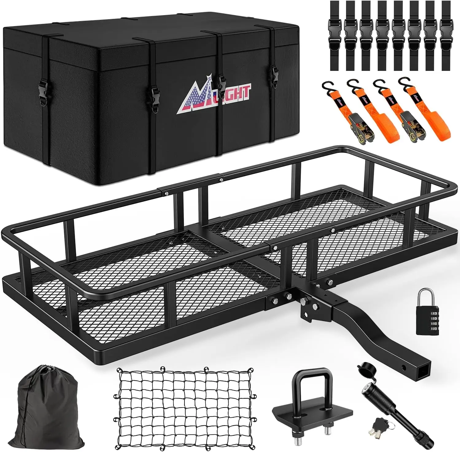 Nilight Foldable Rear Rack Carrier, 60in x 20in x 7.87in, 2-Inch Receiver Fit, 500 Lbs Capacity Vehicle Accessories with Bag, Net, Ratchet Straps, Lock & Stabilizer for SUV, Pickup, Truck, Semi Truck, Truck Accessories