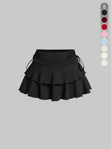 Women's Solid Ruffle-Hem Side-Tie Knit Skirt Slim Fit Stylish Casual Staple Versatile Day-to
