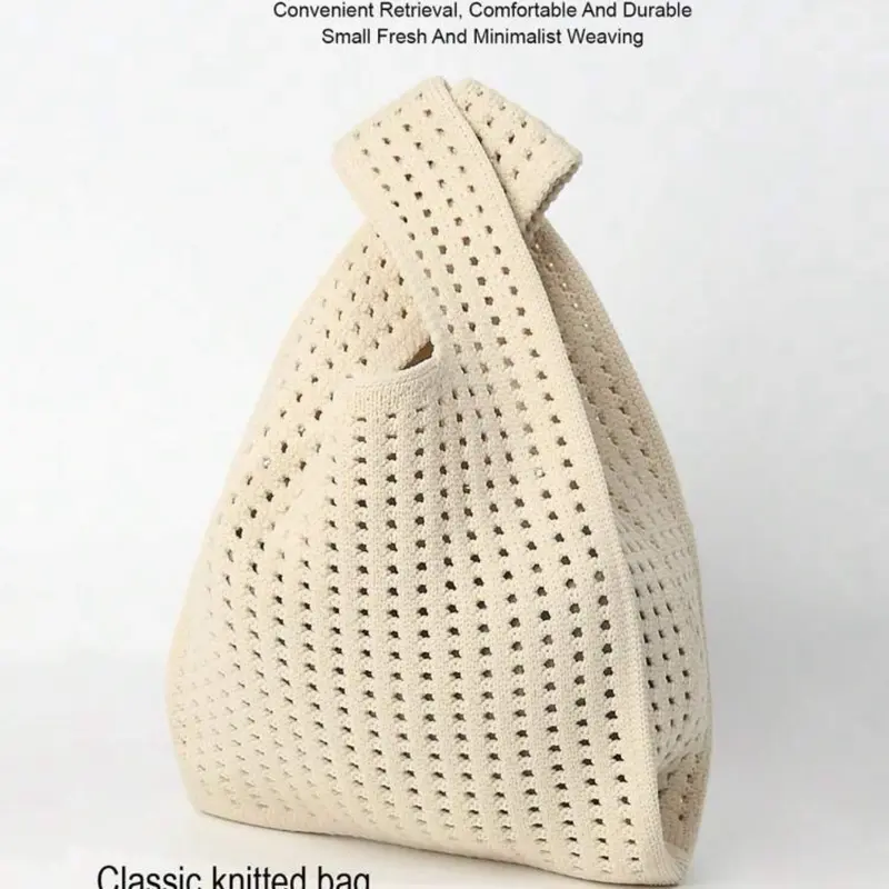 Women's White Hollow Knitted Tote Bag - Mini, Lightweight, Foldable, Minimalist, with Breathable Color Block Wristlet Pouch, Ideal for Vacation, Photo Shooting