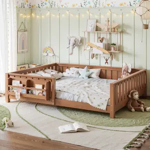 Queen Floor Bed Frame with Storage built-in bookshelf and high-quality safety guardrail, for Kids Gilrs Boys, No Box Spring Needed, Dark Natural