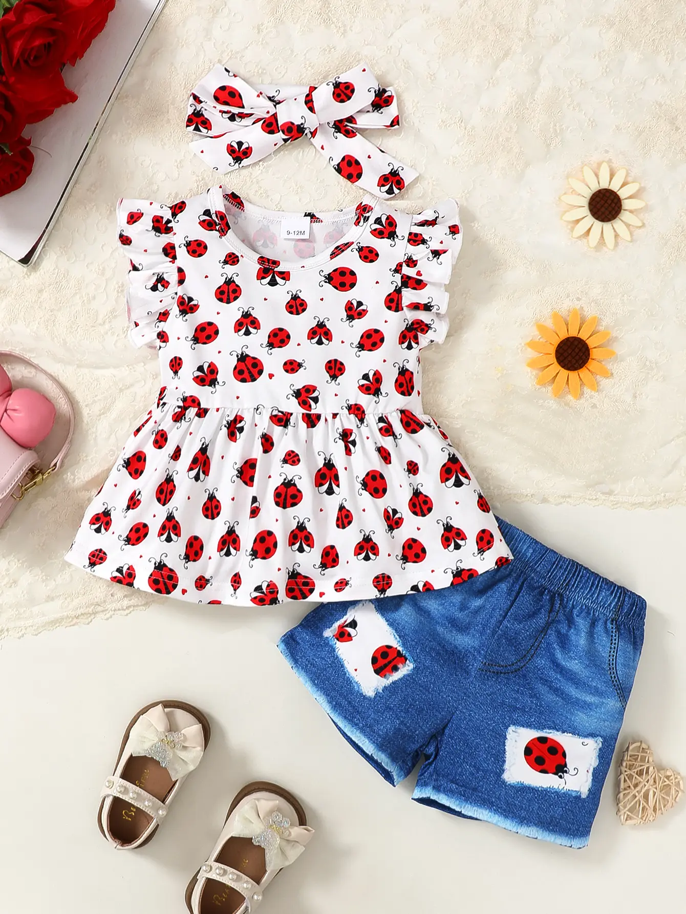 Ready Stock Summer Clothes For Infant toddler Girls Sleeveless Ladybird Ruffle Tops Elastic Shorts Headband 3Pcs Clothing From 6m-3y White 22411041