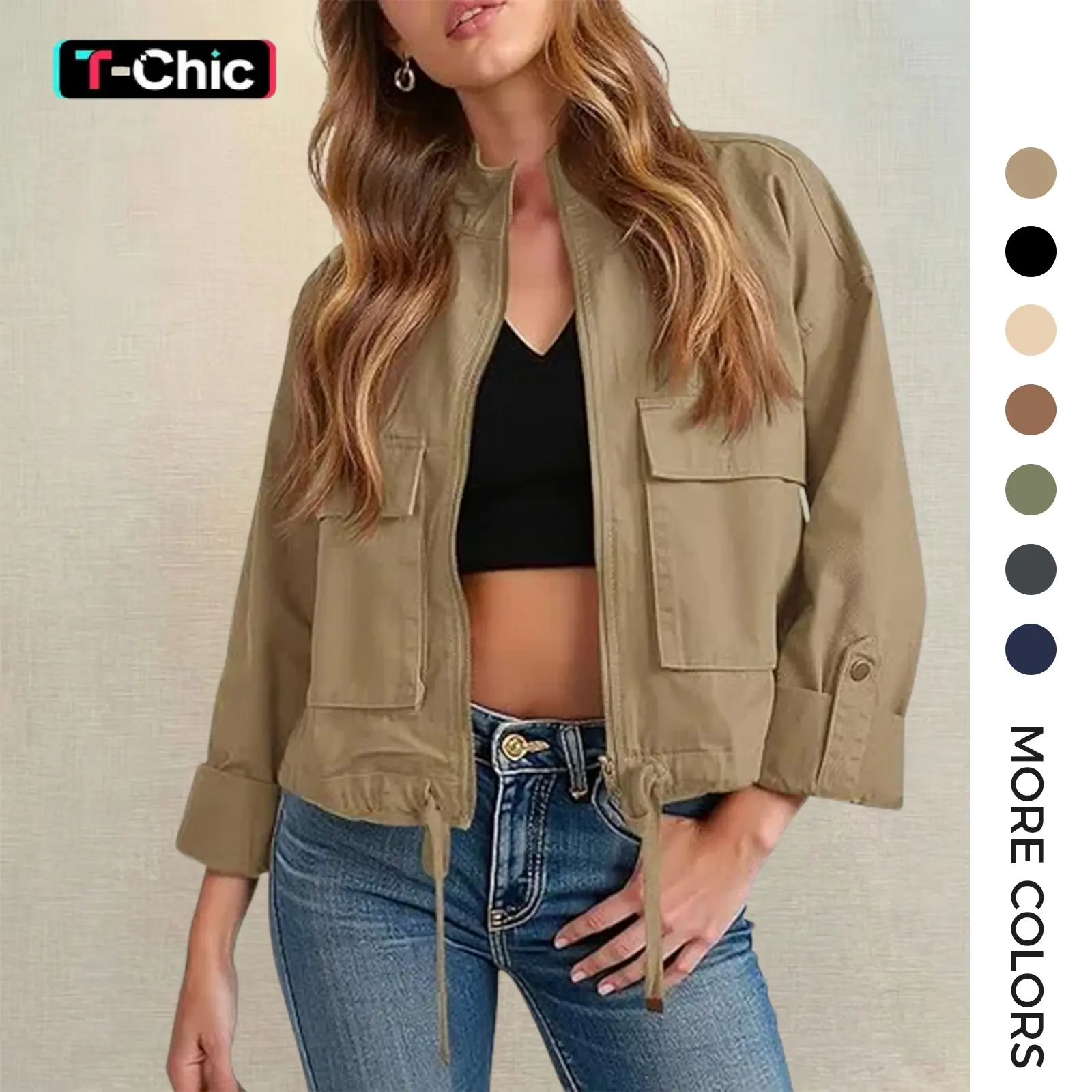 Tankaneo Women Casual Cropped Jackets Zip Up Lightweight Military Safari Short Utility Coat with Pockets