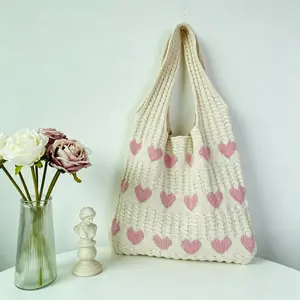 Trendy Heart Pattern Crochet Tote Bag for Women, Large Capacity Summer Beach Shoulder Bag, Boho Woven Vacation Tote, Lightweight Everyday Handbag for Travel Shopping Pool Daily Wear