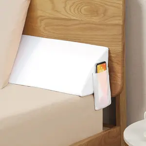 Queen Bed Wedge Pillow for Headboard – High-Density Foam Fills 0-5.5" Gaps Between Mattress and Headboard, with Pockets for Phone & Remotes, Washable White Cover