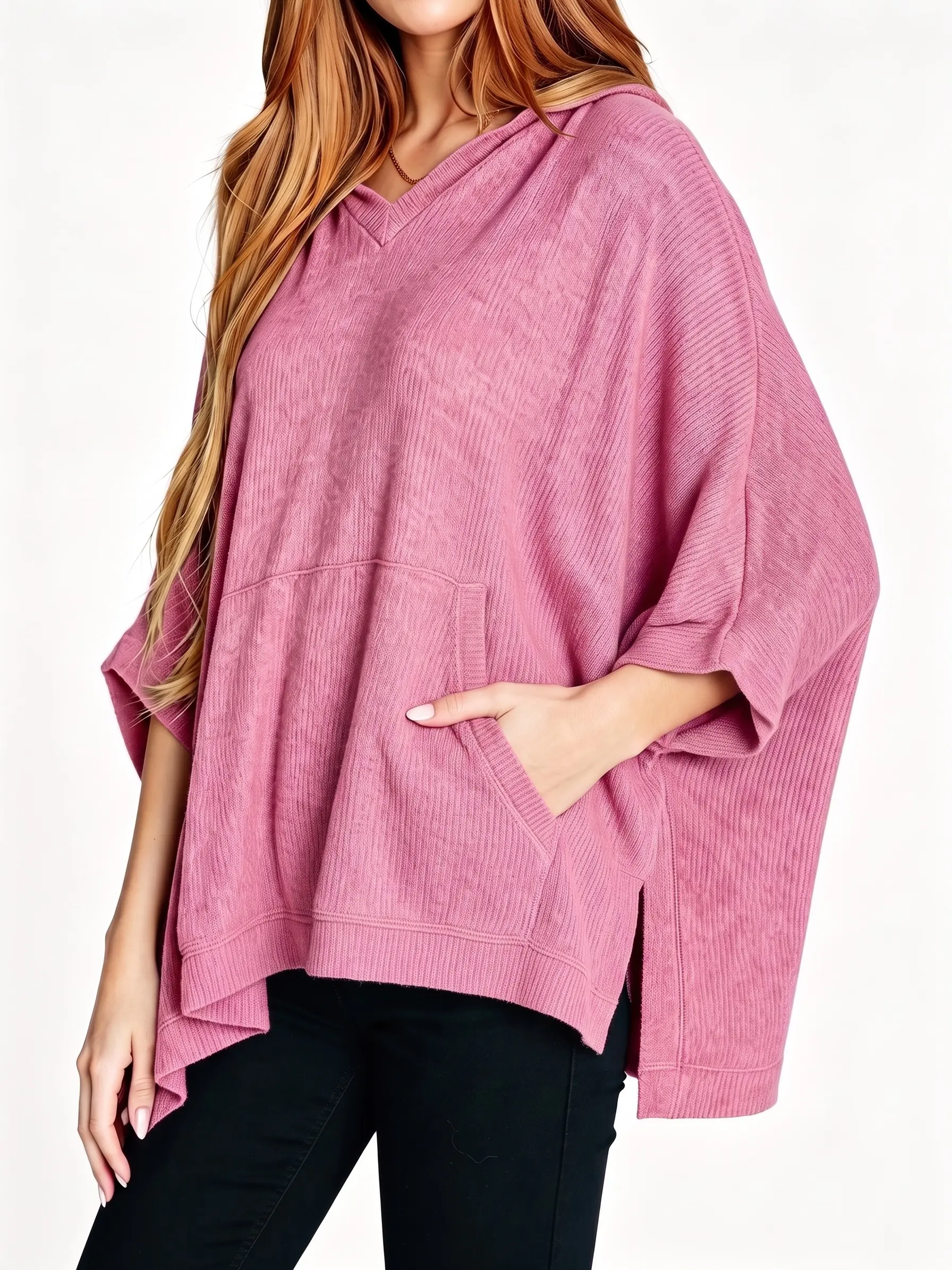 Shewin Women's Basic Lightweight Hooded V-Neck Solid Waffle Knit Half-Sleeve Pullover with Side Slit Pocket, Polyester-Viscose Knitwear for Casual Everyday Wear