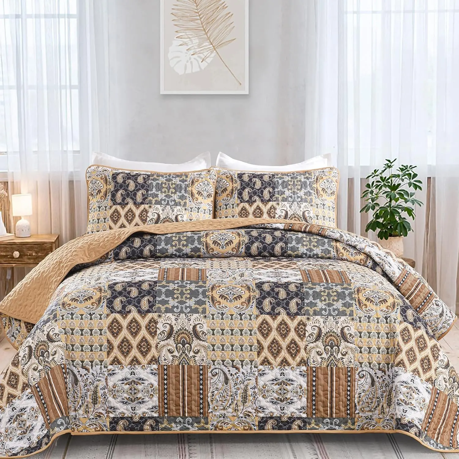 Boho Quilt Set  Size, Dark Brown Plaid Patchwork Bedspread  Set Soft Microfiber Quilt for  Bed Reversible 3 count Coverlet Set for All Season (96"x90")