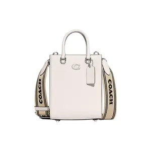 Coach Leather Tote Bag with Embroidered Logo Strap for Women in White