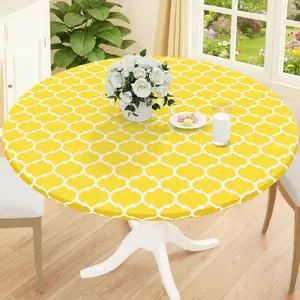 1pc Round Moroccan Table Cover, Vinyl Waterproof Oil-Resistant Easy-Clean, Non-Slip Tablecloth, Elastic Flange Backing, Indoor Outdoor Use