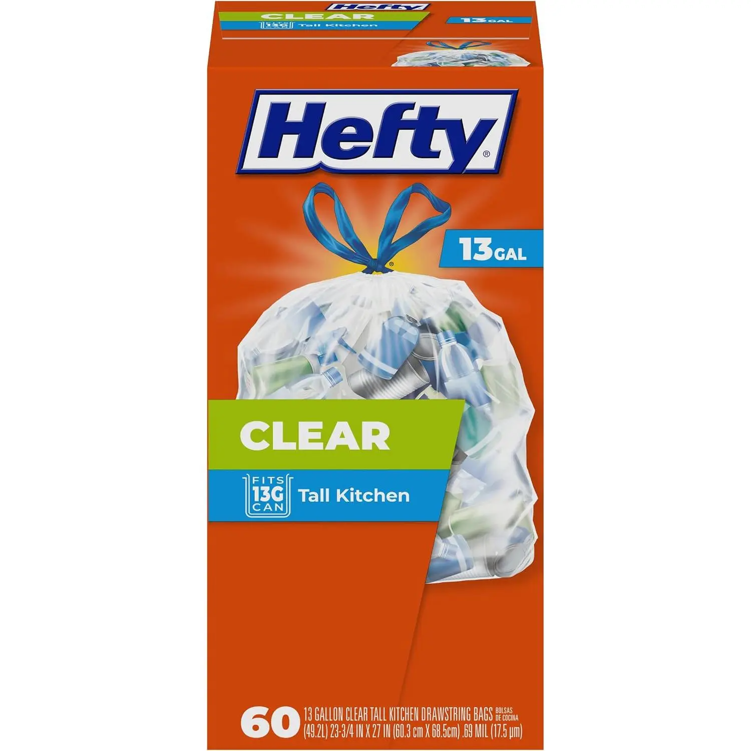 Hefty 13-Gallon Recycling Trash Bags, Clear Garbage Bags, 60 Count