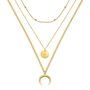 OIDEA Women's Layered Moon and Star Multi-Strand Chain Stainless Steel Necklace, Fashion Statement, Gold Luster, Layered Gold-Tone, Moon Element Jewelry, Fashion Statement Necklaces, Gold Luster Necklaces