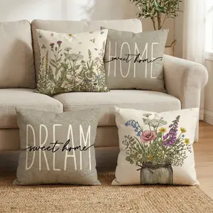 Set of 4 Decorative Spring Wreath Pillow Covers - Watercolor Wildflower Meadow & Sweet Home Linen Cushion Case for Farmhouse Decor Room Bedroom Sofa Chair Car Home Textile 0201YI