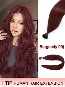 50pcs Pack Burgundy I TIP Human Hair Extensions with Invisible Design, Human Hair Pieces, 30g Each, Real Hair Can Be Styled and Dyed, Reusable and Damage-Free