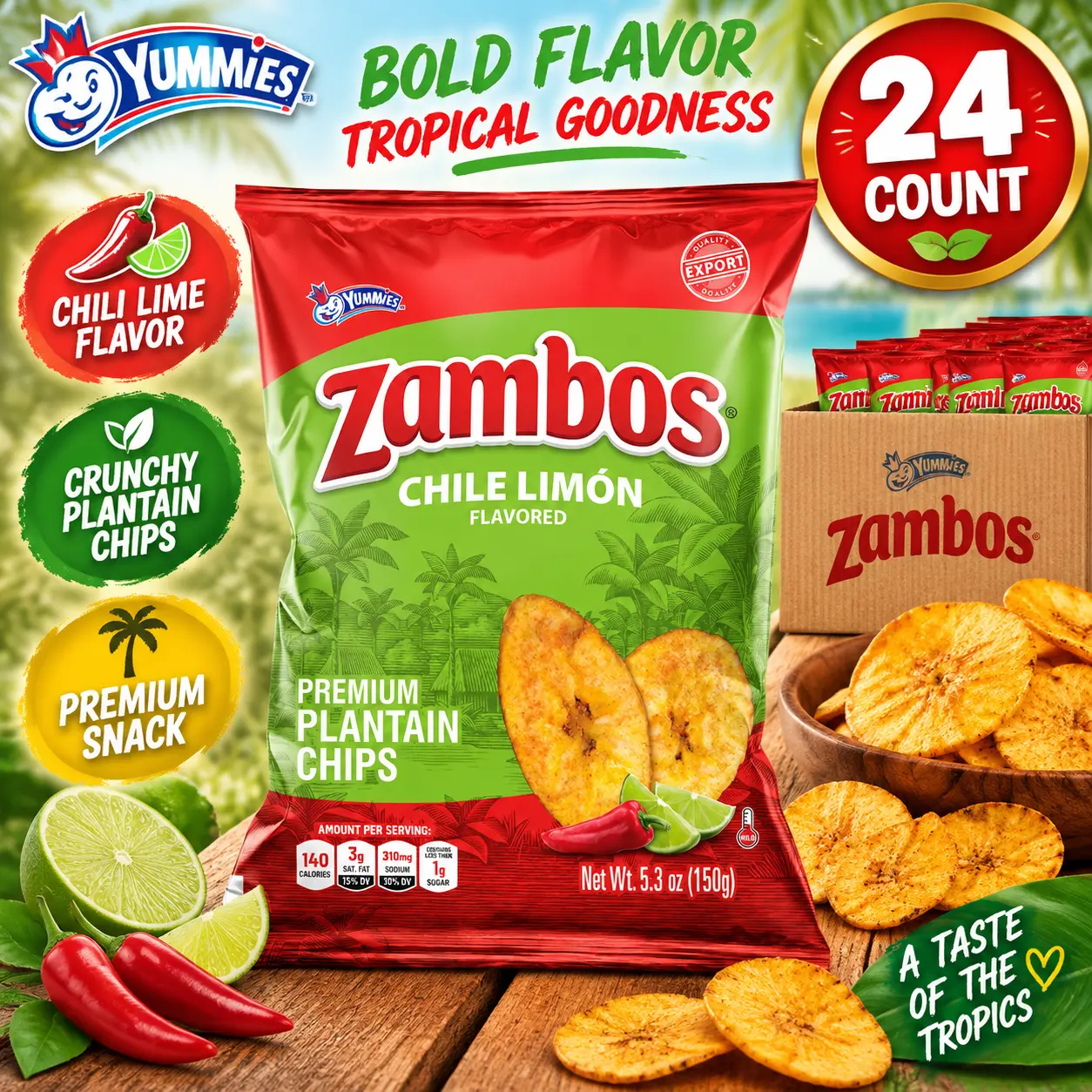 Yummies Zambos Plantain Chips Picositas Chili Lime 5.3 oz 24 Count Spicy Snack Chips