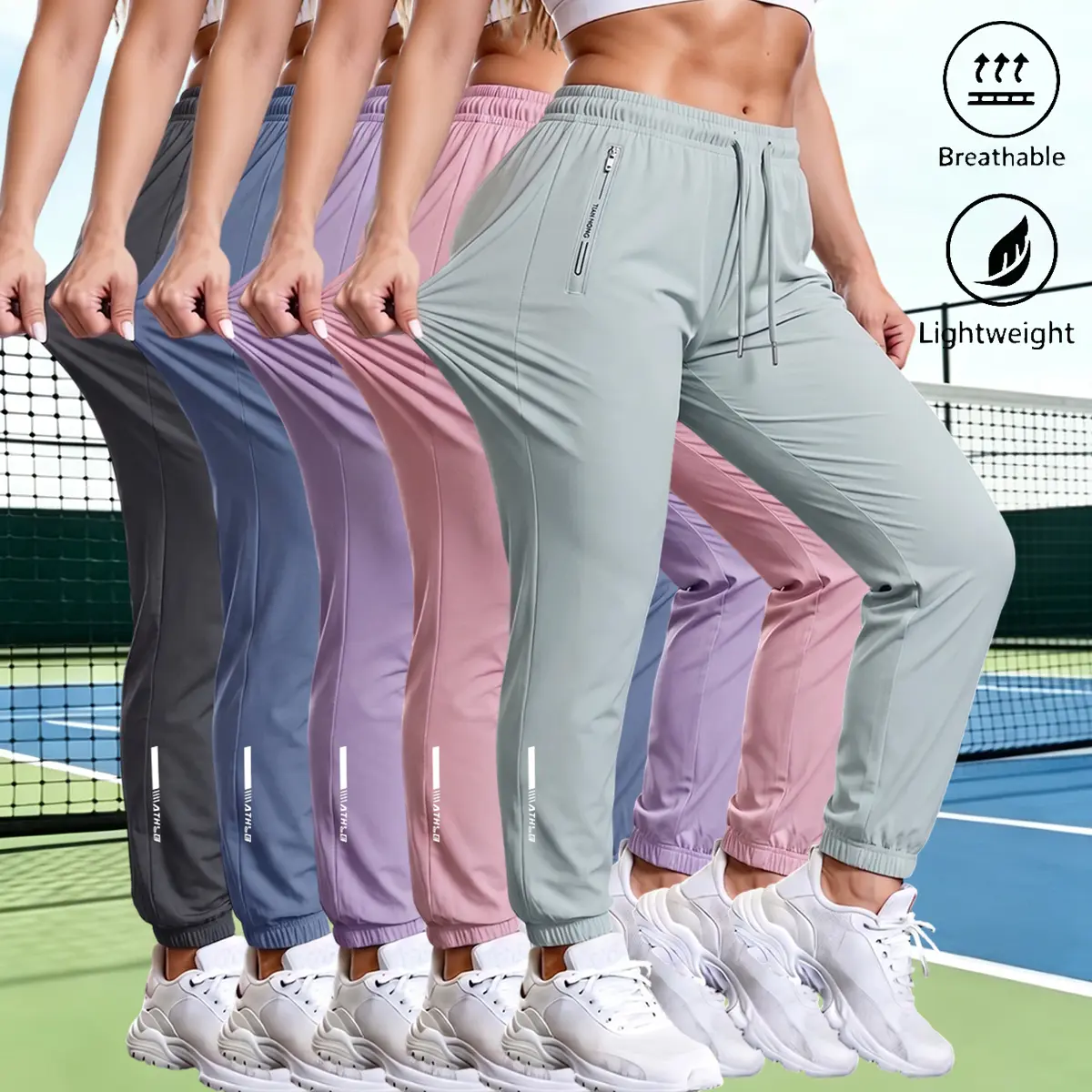 5-pack women’s sports casual long pants for spring, summer, and autumn, featuring an elastic waistband, adjustable drawstring, zippered storage pockets, suitable for outdoor activities and everyday casual wear.