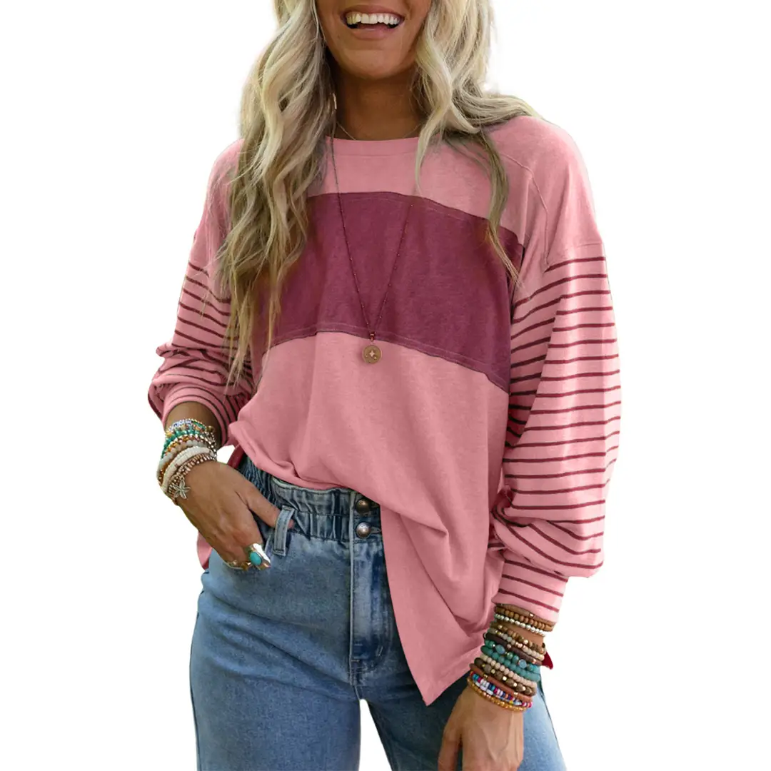 Dokotoo Long Sleeve Fall Tops Oversized 2025 Trendy Round Crew Neck Casual Color Block Womens Shirts Blouses