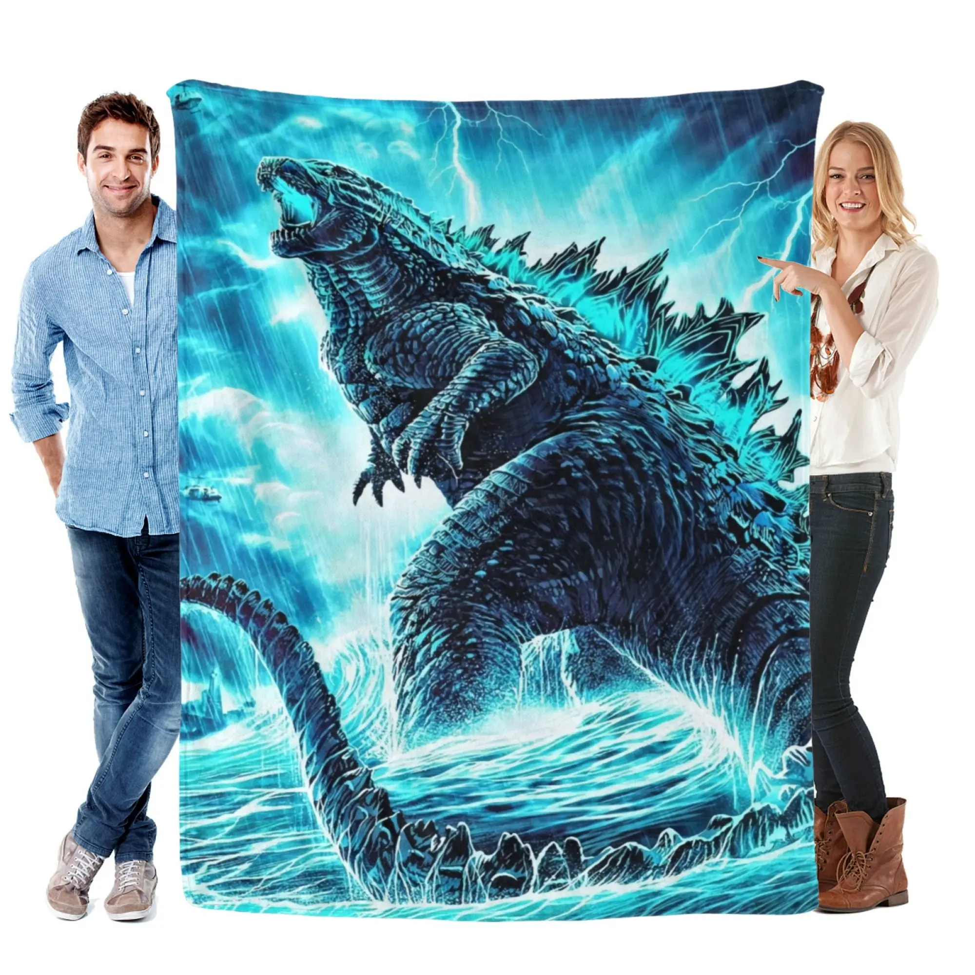 Godzilla MonsterVerse Flannel Blanket – Epic Kaiju Battle Design Throw Blanket, Blue Atomic Energy Monster Fleece Blanket for Movie Fans, Gaming Room Decor, Couch Sofa Bedding, Bedroom Gift