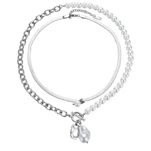OIDEA Imitation Pearl Cuban Link Herringbone Necklace for Women Stainless Steel Layered Choker Coin Necklace Adjustable Birthday Gift outdoorfun
