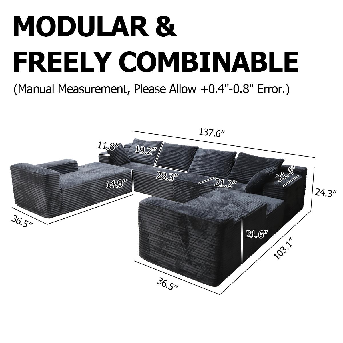 Pre-Assembled U-Shaped Modular Corduroy Sectional Couch - Soft Fabric, Space-Saving Indoor Living Room Furniture, Convertible Sofa Bed with Memory Foam Pillow, Fluffy Black