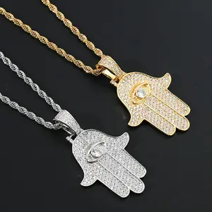 Trendy Retro Style Fatima Hand Retro Palm Eye Pendant Micro Inlaid Zircon Hip Hop Trendy Necklace