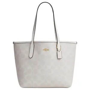 COACH City 23 Gold Logo Classic Monogram Snap Tote Bag with Coated Canvas for Women in Chalk and Glacier White