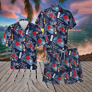 Beer Hawaiian Shirt Flowery Aloha Summer Beach Hawaiian Shirt/Shorts/Set – Navy Men Women Loose Fit Breathable Beach Vacation Summer Festival Casual Streetwear Button Down Aloha Fan Gift