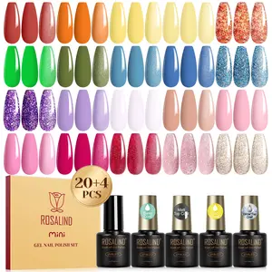 ROSALIND Mini 24Pcs Gel Polish Set with Base Coat Matt Glossy Glitter Top Coat Gel Varnishes DIY Different Effect Nail Art Style Gel Nail Polish Set High Quality Gift for Christmas Party Socks Gifts Requires UV Lamp
