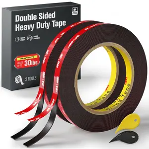 Double Sided Heavy Duty Mounting Tape, 2 Rolls (16.5 FT x 0.39 in Each), , High Temp Resistant, for Automotive Trim, LED Strips,  & Office Decor