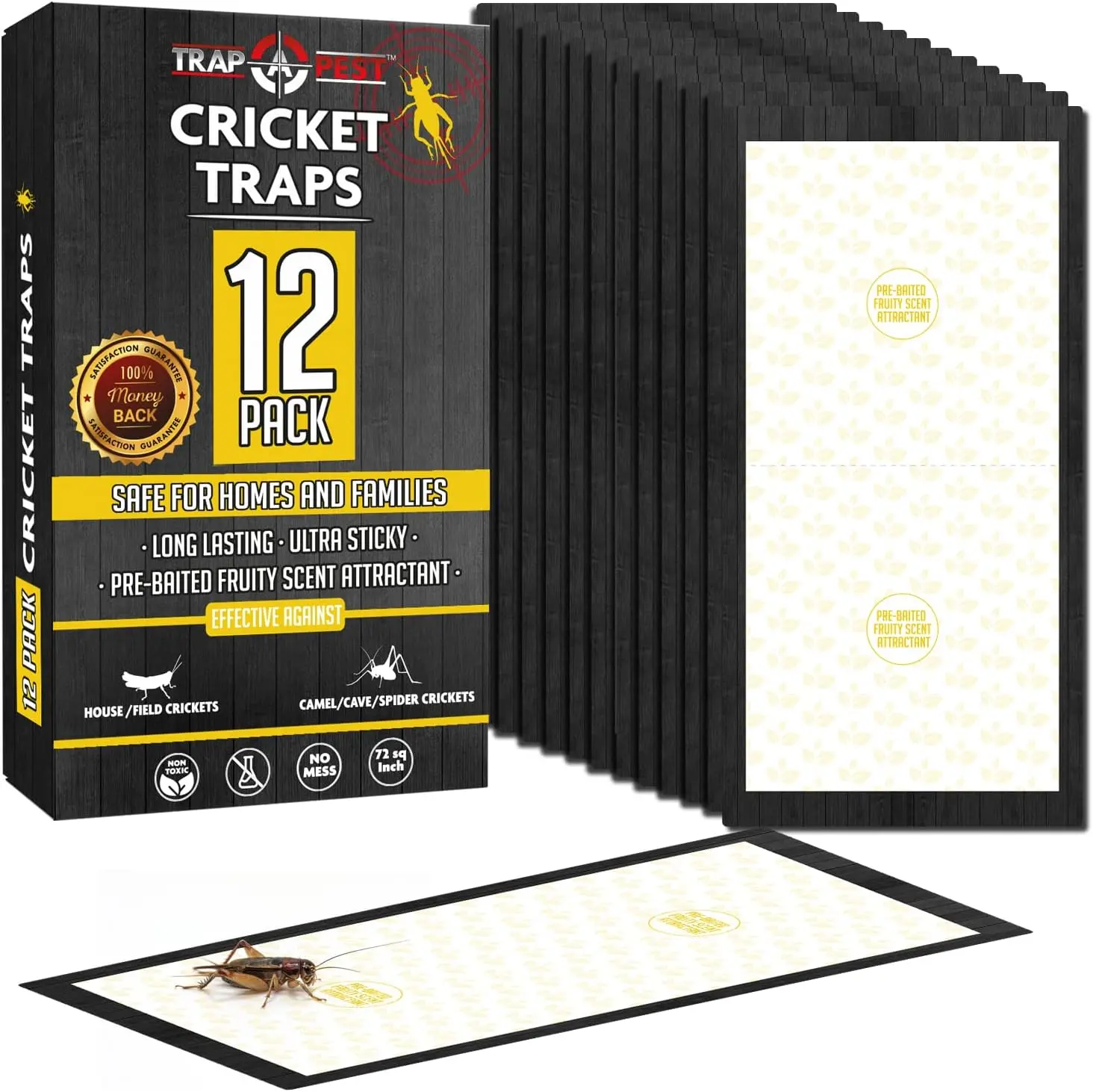 Trap a Pest Cricket Traps Indoor, 12 Pack – Extra Large Pre-Baited Sticky Glue Traps with Fruity Scent, Non Toxic Extra Sticky Bug Traps for Crickets and Crawling Insects, Easy Indoor Pest Control for Home, Garage and Basement