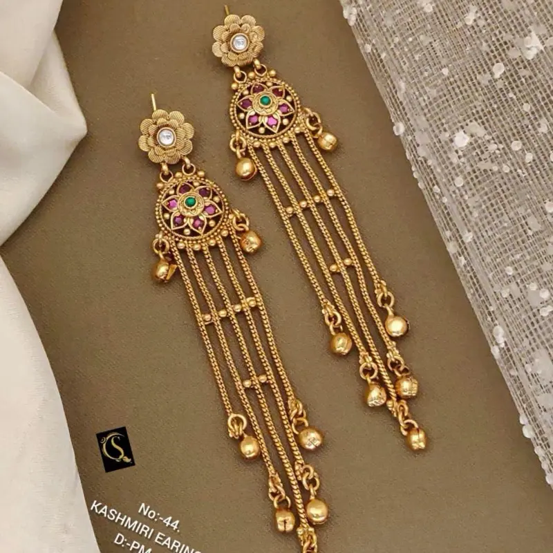 Gold-Plated Kashmiri Earrings, Intricate Floral Stud Tops, Cascading Chains Adorned with Small Beads