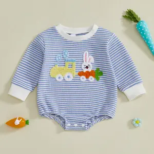 Infant Baby Boy Girl Easter Romper Striped Train Carrot Bunny Embroidered Long Sleeve Jumpsuit Spring Clothes 0-18 Months