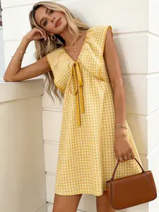 Spring Summer Casual Plaid Sleeveless Dress, V Neck Tie Design, Comfortible Versatility Short Skirt, French Countryside Elegant Style