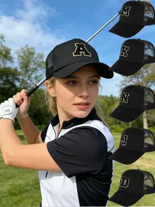 Breathable mesh trucker Cap, adjustable snap closure, black gold flocked print peak Cap, ideal for golf, baseball and outdoor sports, unisex summer sports hat, Outdoor Hats, Trucker Snapback
