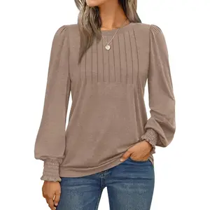 Women Puff Long Sleeve Tops Pleated Crew Neck T Shirt Casual Solid Color Dressy Blouse Loose Office Fall Pullover Tunic Top
