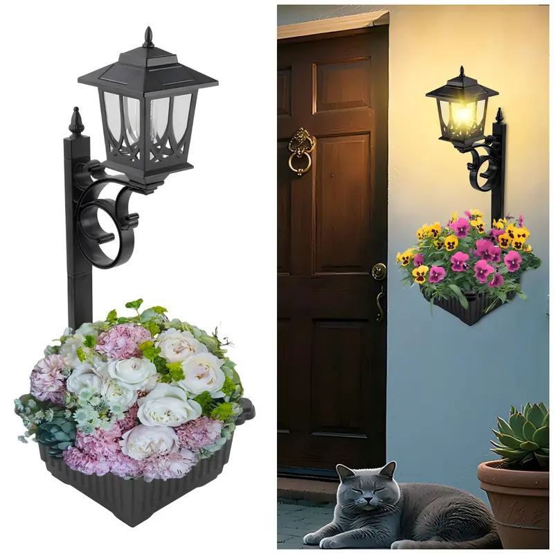 Hoodink 2-in-1 Outdoor Solar LED Post Light with Planter, 4 High-Efficiency Solar Panels, 2in1 Wall or Path Use, High-Speed Charge, Auto On/Off Warm Light, IP44 Rated, No Wiring, Hang-Spike Install, for Porch Landscape Lighting,home decor