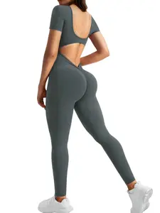 Women's Solid Color Backless Ruched Workout Romper, Comfortable Short Sleeve High Waist Gym for Yoga Running All Seasons