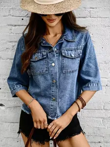 Women's Casual Short Denim Jacket, Notched Collar, Mid-Shoulder Sleeves, Frayed Edge Design, Button Pockets, Trendy Denim Top