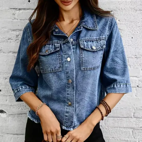 【Black Friday】Women's Casual Short Denim Jacket, Pointed Collar, Elbow-Length Sleeves, Frayed Edge Design, Flap Pockets with Buttons, Trendy Denim Top, Outerwear with Pockets