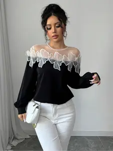 Elegant Chic Women's Casual Top Blouse, Long Sleeve Raglan Cuff, Chiffon Decorative Sleeves, Color Block Design, Woven Fabric, Perfect for Fall & Winter