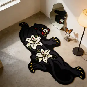 American Vintage Leopard Lily Carpet, Soft Velvet Bedside Rug, Animal Print Rug, Holiday Gift, Home Decor for Living Room, Bedroom, Hallway