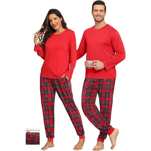 Men's 2-Piece Modal Casual Checked Pajama Set - Longsleeves Round Neck Pullover Shirt, Elastic Long Pants, Soft Fabric, Relaxed Fit, Classic Christmas Red Mens Sleepwear & Loungewear, Size M