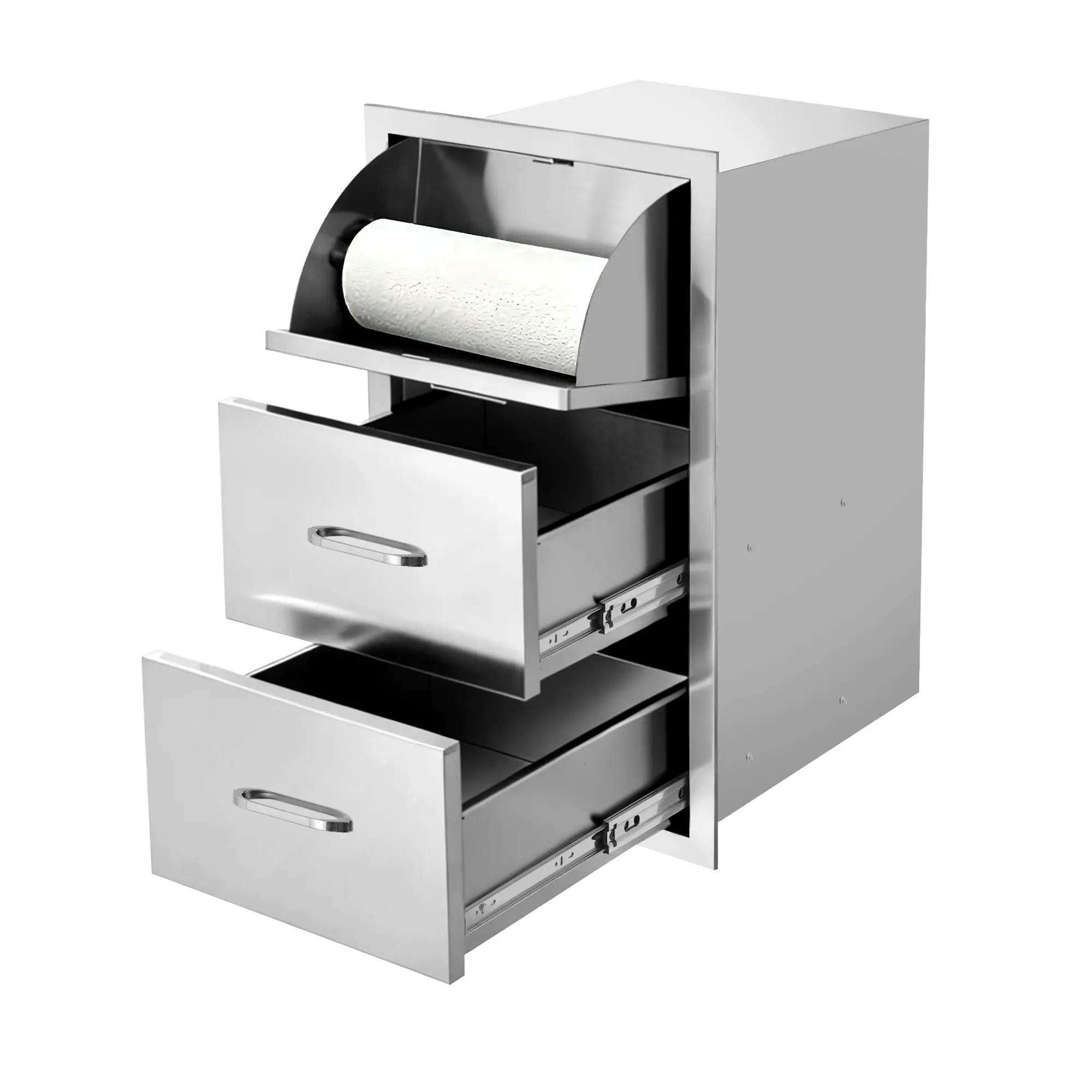 Stainless Steel Kitchen Cabinet with 3 Drawers & Paper Towel Holder, 17Wx30Hx21D, Durable Storage Organizer for Countertop or Under-Cabinet Use