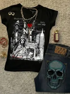 Vintage Style Casual "I Love NY" Letter Graphic, Statue Of Liberty & New York Scenery Print, Fitted Round Neck Short Sleeve T-Shirt For Women, Suitable For Summer, Vintage, Versatile, Sexy, Cute, Music Festival, Suitable For Autumn/Winter