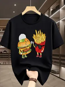 Men's T-shirt with Fun Cartoon Hamburger and Fries Anthropomorphic Character Print, Creative and Unique Top