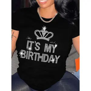 Birthday Celebration Graphic Print T-Shirt - 100% Polyester Knit Fabric, Casual Crew Neck, Short Sleeved Tee with Alphabet Pattern, Regular Length for All Seasons
