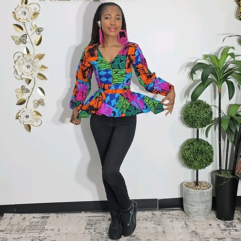 African Ankara Peplum Top for Women, Stylish Ethnic Print Casual Blouse