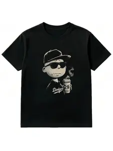 Summer Vintage Charlie Graphic Short Sleeve T-Shirt, Peanuts Comic Fan Coffee Lover Design, Casual Fitted Long Top for Adults