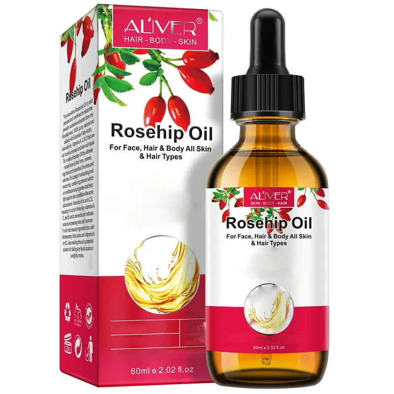 ALIVER Organic Rosehip Oil Cold-Pressed Anti-Aging Serum - Alcohol-Free Anti Aging Cosmetics for Face/Body/Hair Nourishment, Skin Repair, All Skin Types, 60ml (2 fl oz) Dropper-Infused Bottle with Box, Beauty & Personal Care