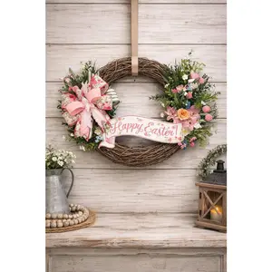 Easter Grapevine Wreath for Front Door – Pink Bow Spring Farmhouse Decor