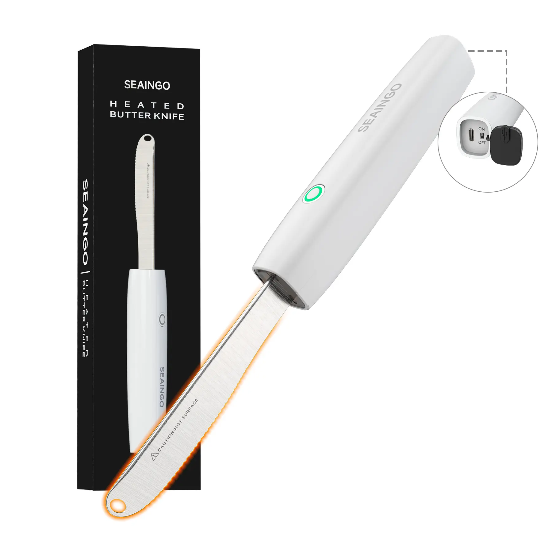 SEAINGO Heating Butter Knife Spreader - Rechargeable, Electric, Cordless, Two Fast Warming Mode, Nonstick Stainless Steel Blade, ON/OFF Safety Lock Switch, Can Quickly Melt Cold Hard Butter, Cheese, Cream, Jam, Mustard, for Kitchen Restaurant Party