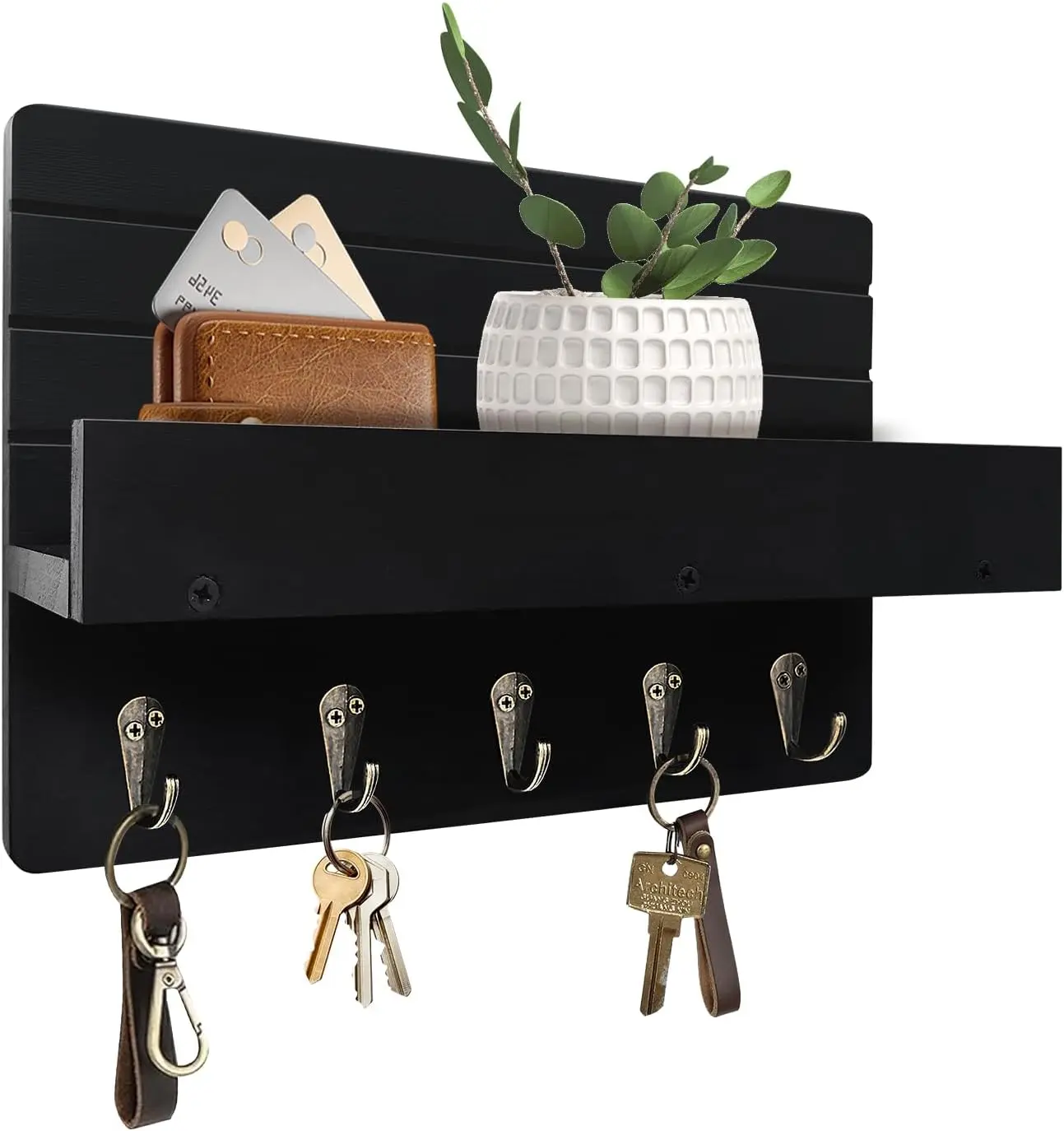 Rustic Key Holder Wall Mount with Shelf – Wooden Entryway Key & Mail Organizer Rack with 5 Hooks for Keys, Dog Leash, Sunglasses & Accessories